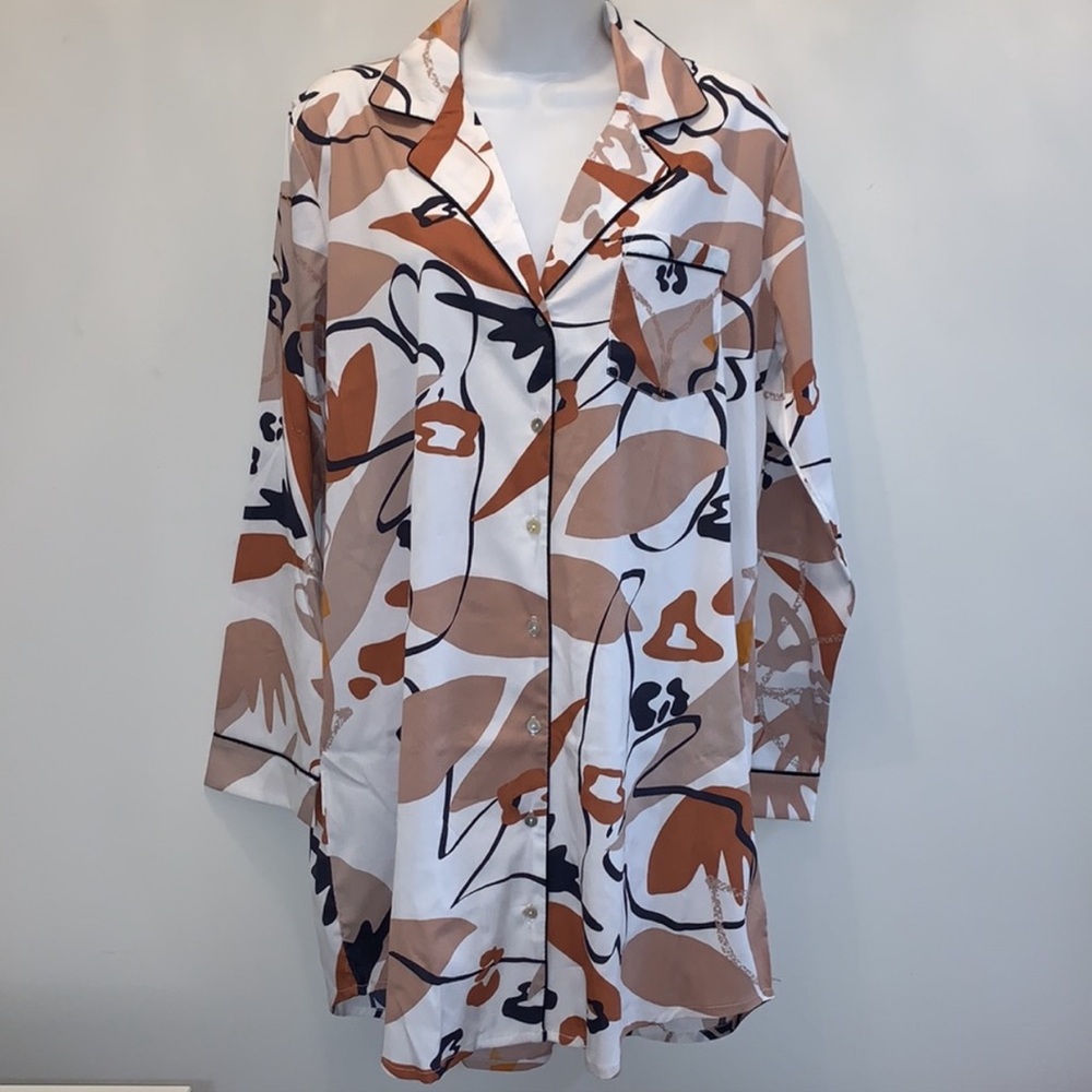 Rachel Zoe Pattern Boho Vibe Silky Long Lounge Loungewear Sleep Long Sleeve Top